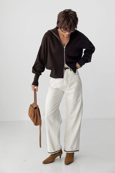 Трикотажний вільний кардиган на блискавці - темно-коричневий цвет, ONE SIZE (є розміри) | Зображення 2