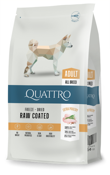 Повнораціонний сухий корм для дорослих собак всіх порід Quattro All Breed Extra Poultry з м'ясом птиці, 12 кг