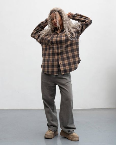 Женская фланелевая рубашка в клетку на пуговицах свободная, MN0003  цвет коричневый, размер L/XL | Зображення 2