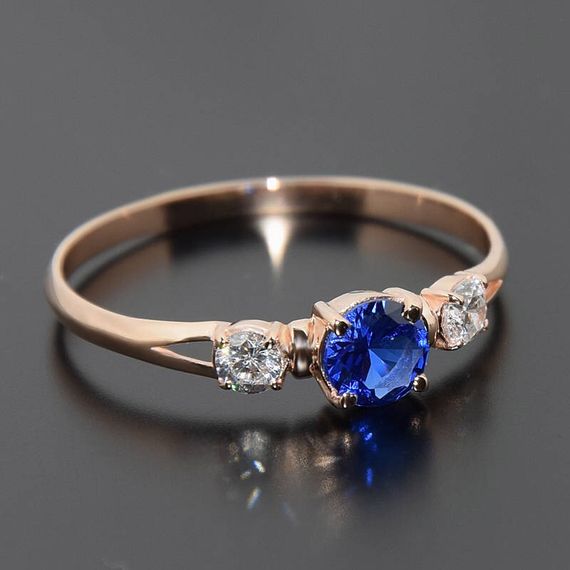 Кольцо из красного золота с синим фианитом 15.5 | Зображення 1