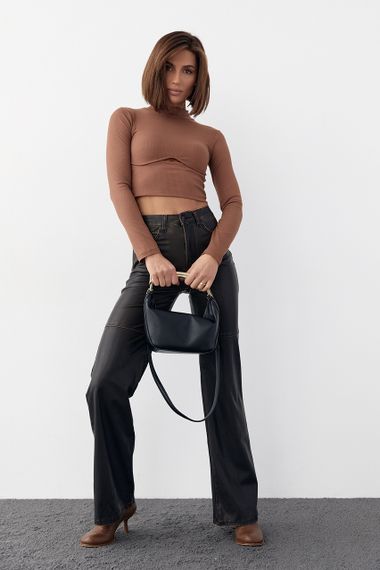 Трикотажный кроп-топ с фигурным швом и вырезом - коричневый цвет, XL (есть размеры) | Зображення 2