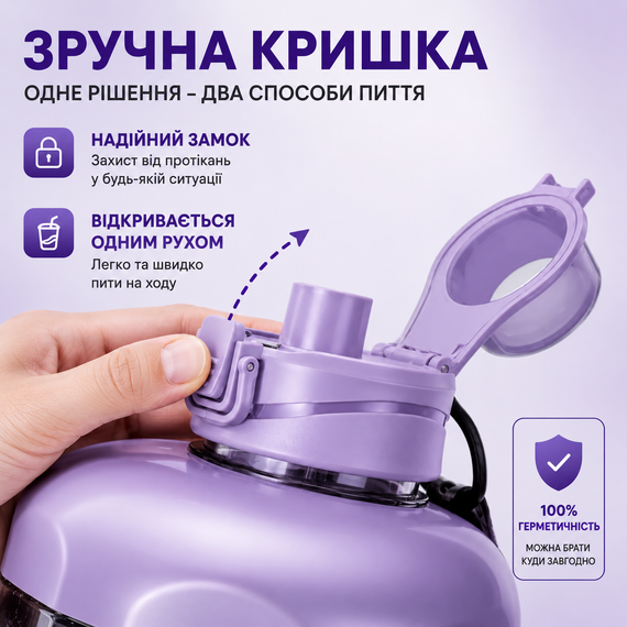 Спортивная бутылка для воды 1.7 л (1700 мл) фиолетовая, ЭКО пластик BPA Free с ручкой и ремешком | Зображення 6