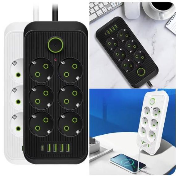 Мережевий фільтр з USB (6×220В+4×USB+1×Type-C) QL-1075U 5 метрів Чорний