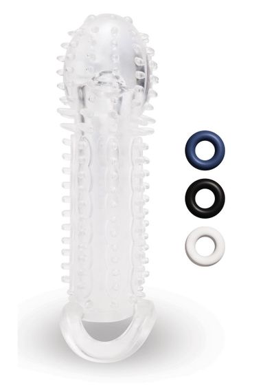 Насадка на пеніс із рельєфом Size-Up з 3 кільцями, прозора, 15.5 см sexstyle
