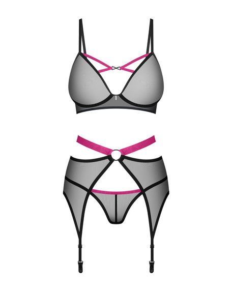 Комплект Obsessive Novenes 3-pcs set, M/L, прозрачный лиф на косточках, стринги, пояс | Зображення 3