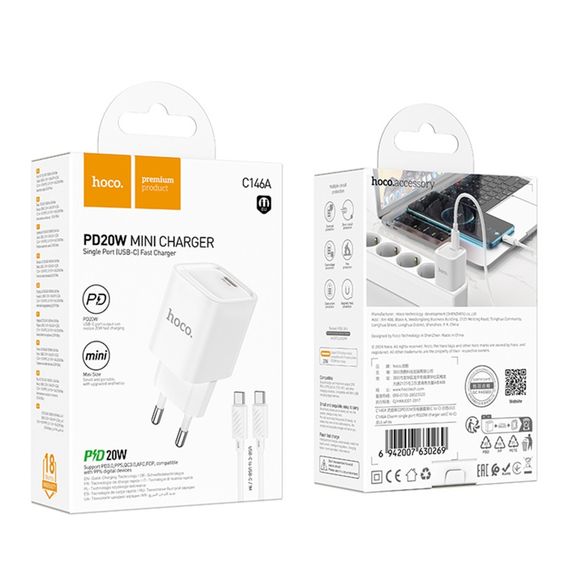 Мережевий зарядний пристрій Hoco C146A 1 USB-C PD/QC 20W+Type-C to Type-C | Зображення 1