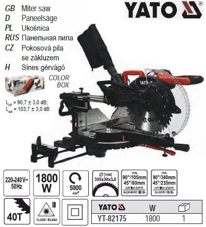 Торцовочная пила YATO Польша протяжка P=1.8 кВт Ø=305/30 мм YT-82175