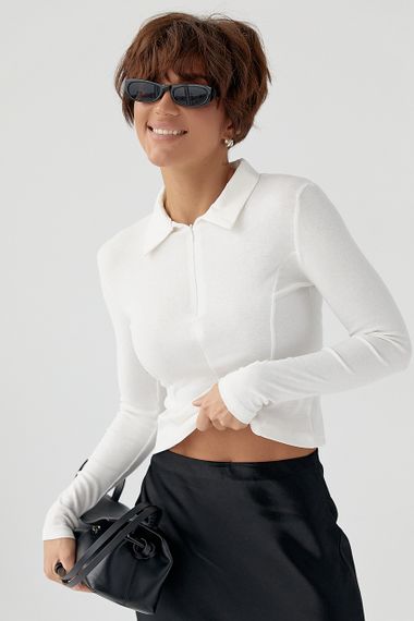 Укорочений лонг-поло із блискавкою на горловині - білий цвет, M (є розміри) | Зображення 4