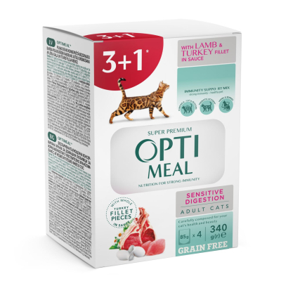 Вологий корм набір 3+1 Optimeal Sensitive Digestion для дорослих котів з чутливим стравоходом, ягня 340г