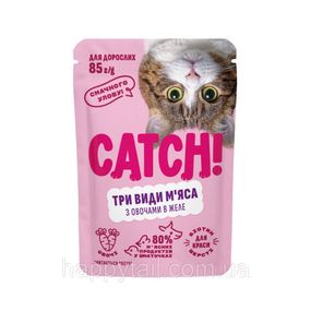 Вологий корм для котів Catch! три види м’яса з овочами в желе 85 г