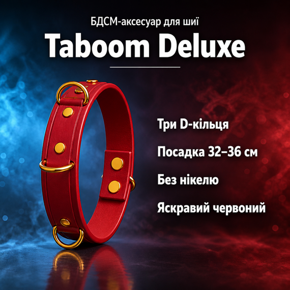 БДСМ-нашийник з фіксаторами, еротичний ошийник для рольових ігор Taboom Deluxe — червоний, 3 кільця