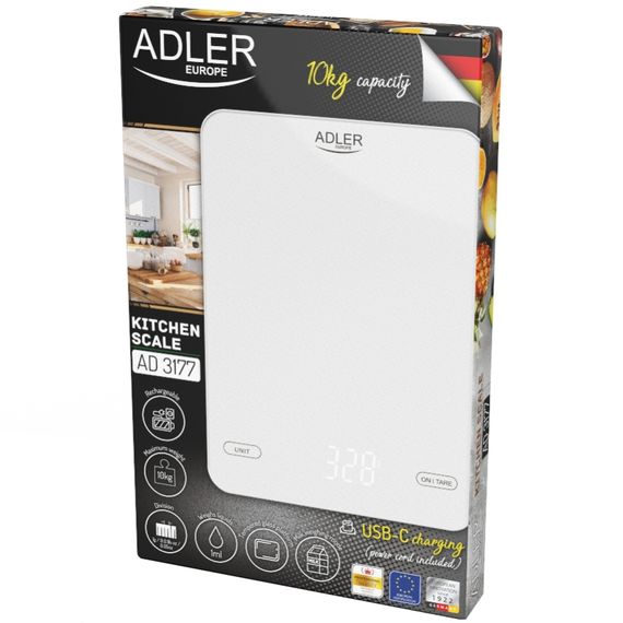 Ваги кухонні Adler AD 3177 white електронні/ 10кг/ г; мл, унція/ USB type C/ автовимкнення/ скло | Зображення 7