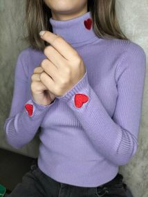 Женская водолазка-гольф в рубчик с сердечками KV920, размер 42/48, цвет сиреневый