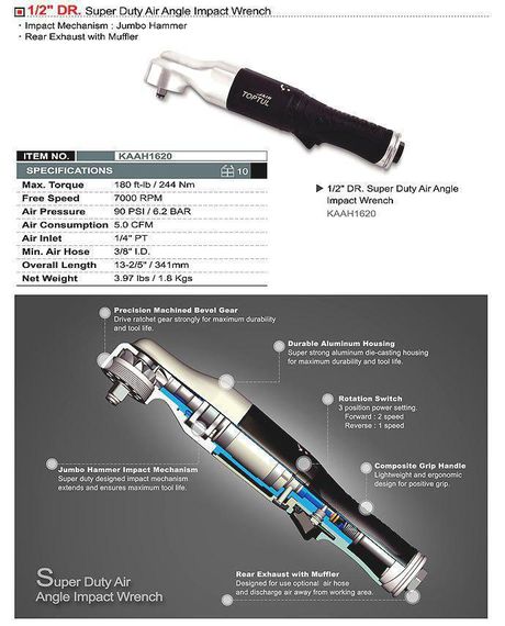Пневмощітка посилена 1/2" TOPTUL 244N/m 700об/хв KAAH1620 | Зображення 1