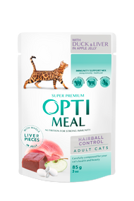 optimeal Повнораціонний консервований корм для дорослих котів з ефектом виведення шерсті, з качкою та шматками печінки в яблучному желе 85 г