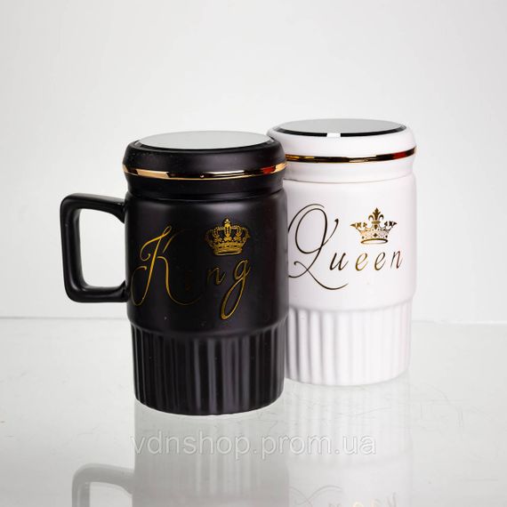 Набор парных фарфоровых чашек с крышкой 2 (шт) по 450  (мл) Черный с белым Yiwu FM-26 | Зображення 4