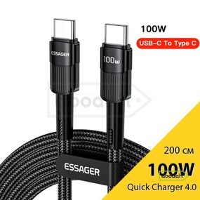 Кабель Type-C - Type-C Essager 20V, 5A 100W, Black - Fast Charge, 200 см (для заряджання та передачі даних)