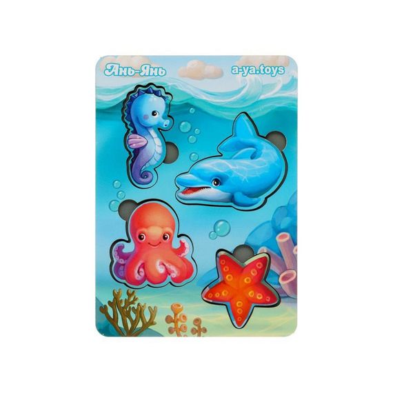 Деревянный пазл-вкладыш "Морские животные-1" Ubumblebees (ПСФ055) PSF055 фон с подсказкой | Зображення 1