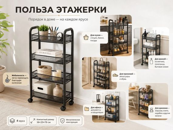Полиця-етажерка на коліщатках 4 яруси 36×20×76 см • Металевий пересувний стелаж-органайзер для кухні ванної передпокою та зберігання речей | Зображення 4