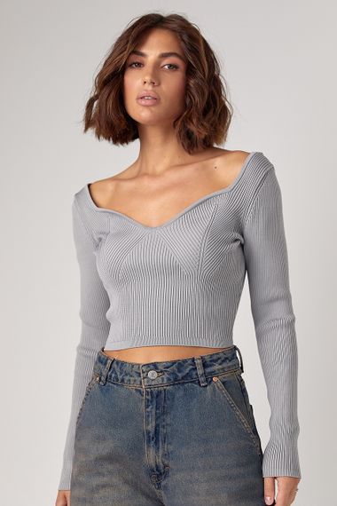 Короткий лонгслів в рубчик з фигурним вирізом - сірий цвет, XS (є розміри)