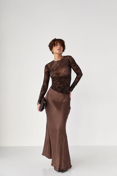 Прозорий лонг у сітку з драпіруванням - темно-коричневий цвет, XL (є розміри) | Зображення 2