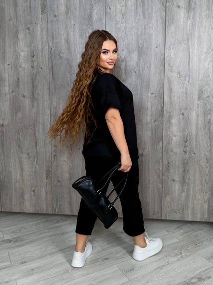 Женский летний костюм футболка и укороченные штаны большие размеры и батал KF090 цвет черный, размер 56/60 | Зображення 5