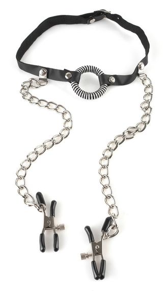 Кляп із затискачами для сосків O-Ring Gag with Nipple Clamps Sex Aura | Зображення 1