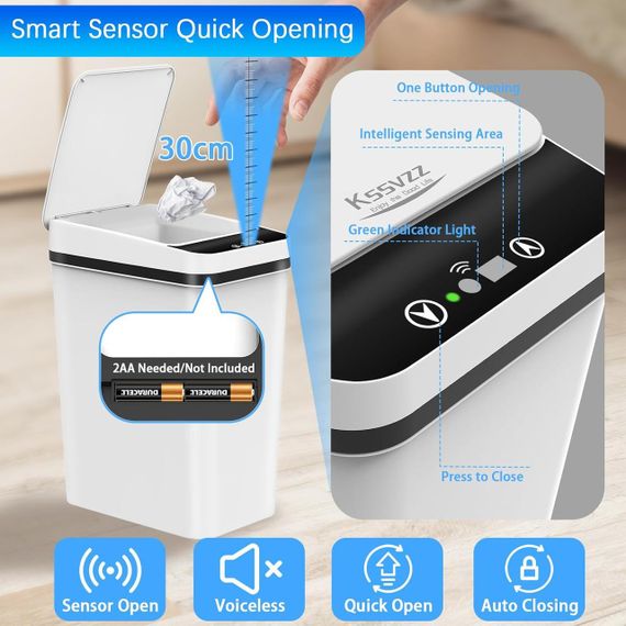 Набор из 2 умных мусорных корзин Kssvzz с датчиком движения и крышкой, 10 л, чёрно-белые | Зображення 5