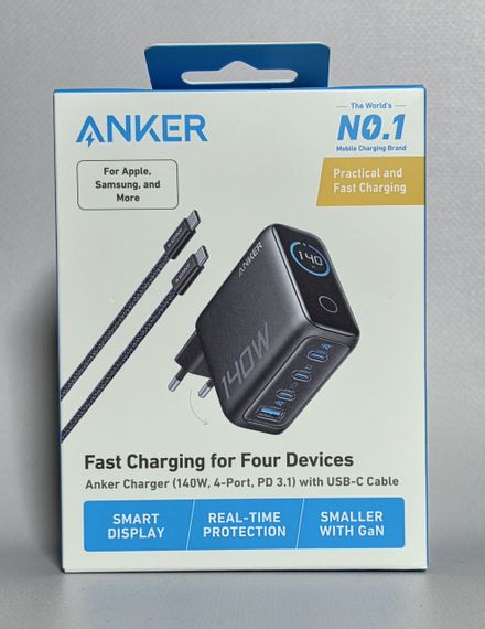 Сетевое зарядное устройство Anker Laptop GaN Charger 140W 3xUSB-C PD3.1 1xUSB-A Display Cable Black (B2697GZ1) | Зображення 2