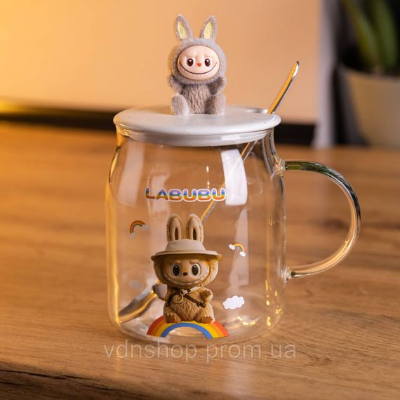 Новорічна велика скляна чашка "Лабубу" з кришкою та ложкою 600 мл, Святкова кружка чашка для дітей на подарунок Коричневий FM-56C