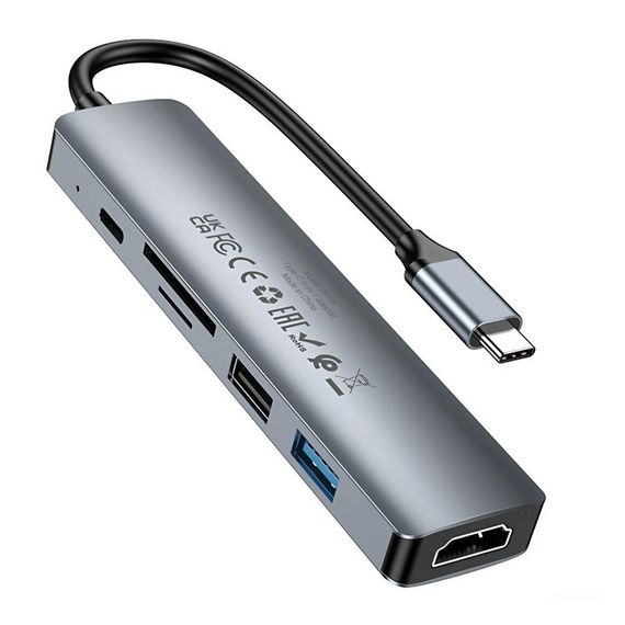 Хаб USB Borofone DH15 6-в-1 Type-C to HDMI+PD+USB3.0+USB2.0+SD+TF(L=0.15M) Колір Сiрий | Зображення 5