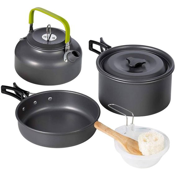 Алюмінієвий кемпінговий набір посуду 3в1, Cooking Set DS-308 / Туристичний посуд (чайник, кастрюля, сковорода)