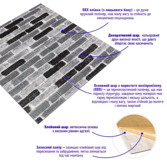 Самоклеюча 3D панель під сіру цеглу катеринослав 700х770х3мм (342-3) SW-00001147 | Зображення 1