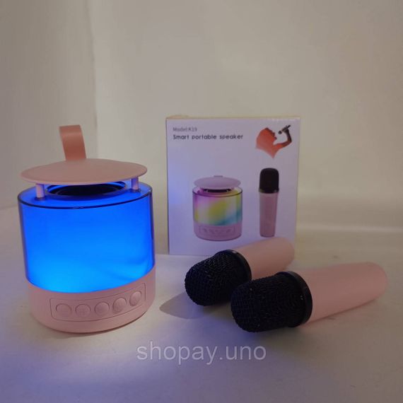 Портативная Bluetooth колонка K19 с подсветкой LED и двумя микрофонами для караоке Pink LI-49 | Зображення 4