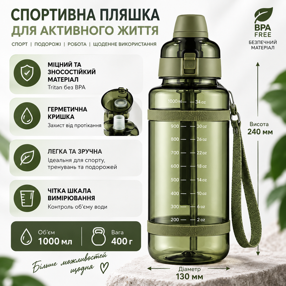 Удобная спортивная бутылка с соломинкой 1000 мл из тритана зеленая | Зображення 5