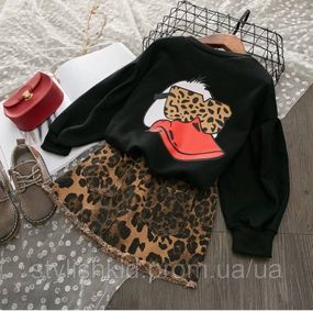 Детский костюм для девочки: кофта и леопардовая юбка, цвет чёрный + коричневый