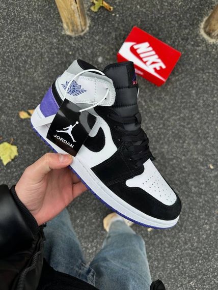 Зимові кросівки Nike Air Jordan Retro 1 топ якість  чорно-білі з фіолетовим | Зображення 1