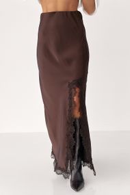 Сатинова довга спідниця з розрізом - коричневий цвет, L (є розміри)