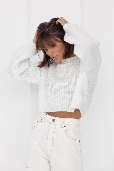 Короткий вязаный джемпер oversize молочный цвет S | Зображення 5