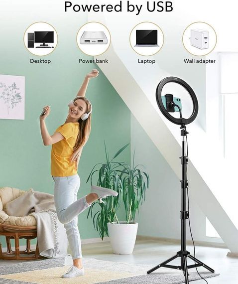 Кільцева LED лампа ESR 10", 25см з триногою та тримачем для телефону, світло для відео стрімінгу, фото макіяжу | Зображення 4