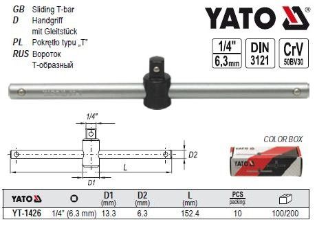 Вороток тип-Т квадрат 1/4" L-153 мм YATO YT-1426 | Зображення 1