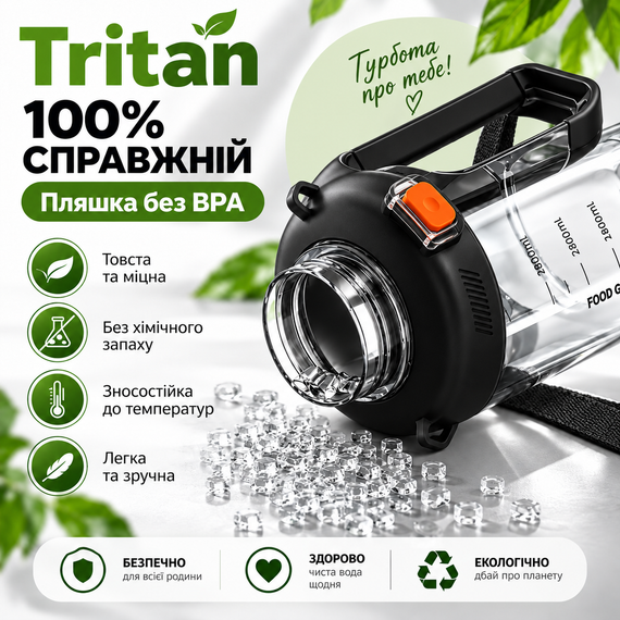 Легка тританова пляшка 2200 мл зі зручною ручкою та широким горлом, чорна | Зображення 2