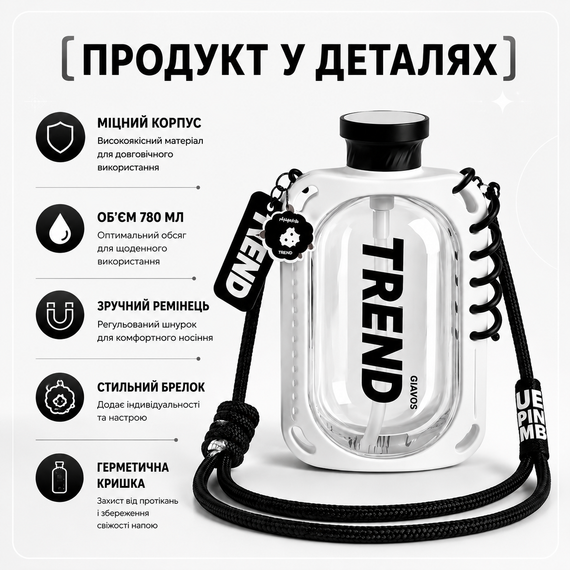 Бутылка для воды TREND 780 мл белая с силиконовым чехлом, соломинкой и ремешком | Зображення 7