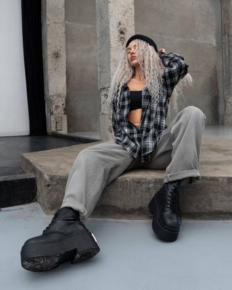 Женская фланелевая рубашка в клетку на пуговицах свободная, MN0003  цвет черный, размер S/M | Зображення 5