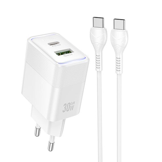 СЗУ Hoco CS112A Lounge PD30W+QC3.0 (1USB-A/1C) + кабель Type-C to Type-C White