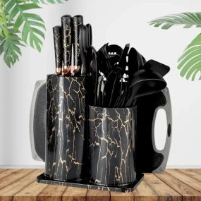 Набір кухонного приладдя 25 предметів з подвійною підставкою обробною дошкою набором ножів прихватками