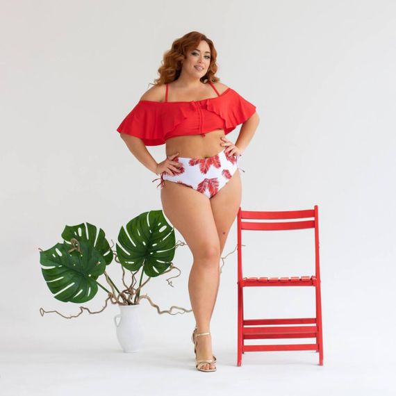 Роздільний червоний купальник  PLUS SIZE знімними чашками та високими плавками | Зображення 1
