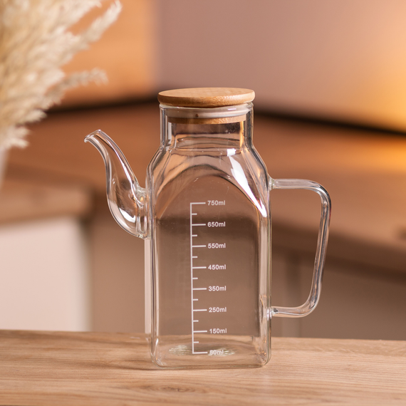 Стеклянная бутылка для масла 750 мл с ручкой и бамбуковой крышкой HP-34-4 | Зображення 5