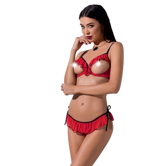 Комплект білизни CHERRY SET OpenBra red L/XL - Passion Exclusive: відкритий ліф, трусики-спідничка, S/M