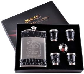 Подарочный набор 6в1 фляга (обтянута кожей), 4 рюмки, лейка "Jack Daniels" DJH-1498